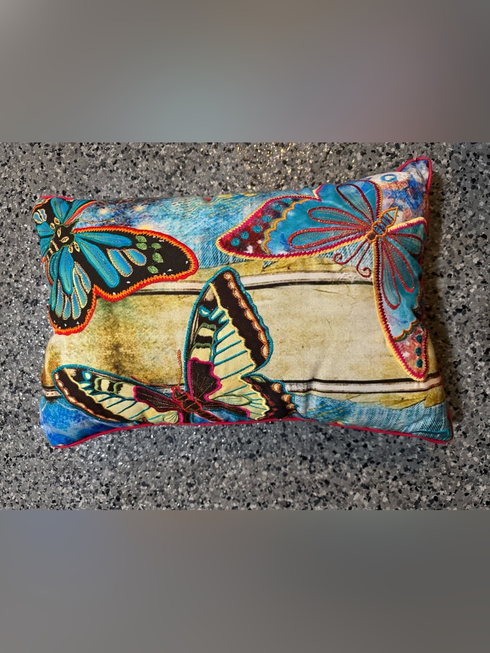 Pier 1 Butterfly Sparkly Accent Throw Pillow Embroidered Colorful 14x20 Garden